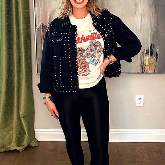 NEW APA Distressed Western Boyfriend Trucker Jacket Black Studs Size M NWT - Picture 8 of 8